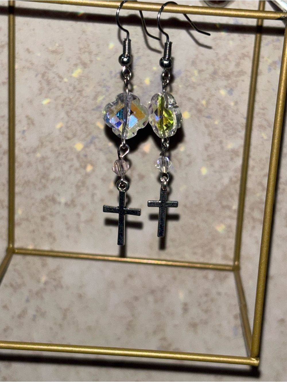 Crystal Cross Dangle Earrings in Clear Iridescent